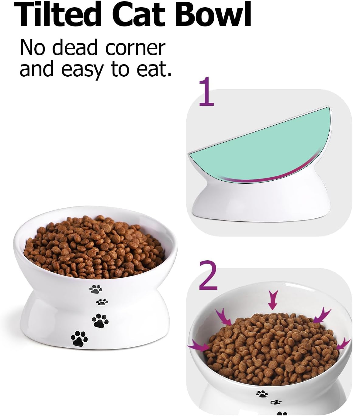 Elevated Anti-Vomiting Cat Bowl - Ceramic Tilted Food Dish for Flat-Faced Cats & Small Dogs - Protects Spine, Dishwasher Safe, 5 Inches, White