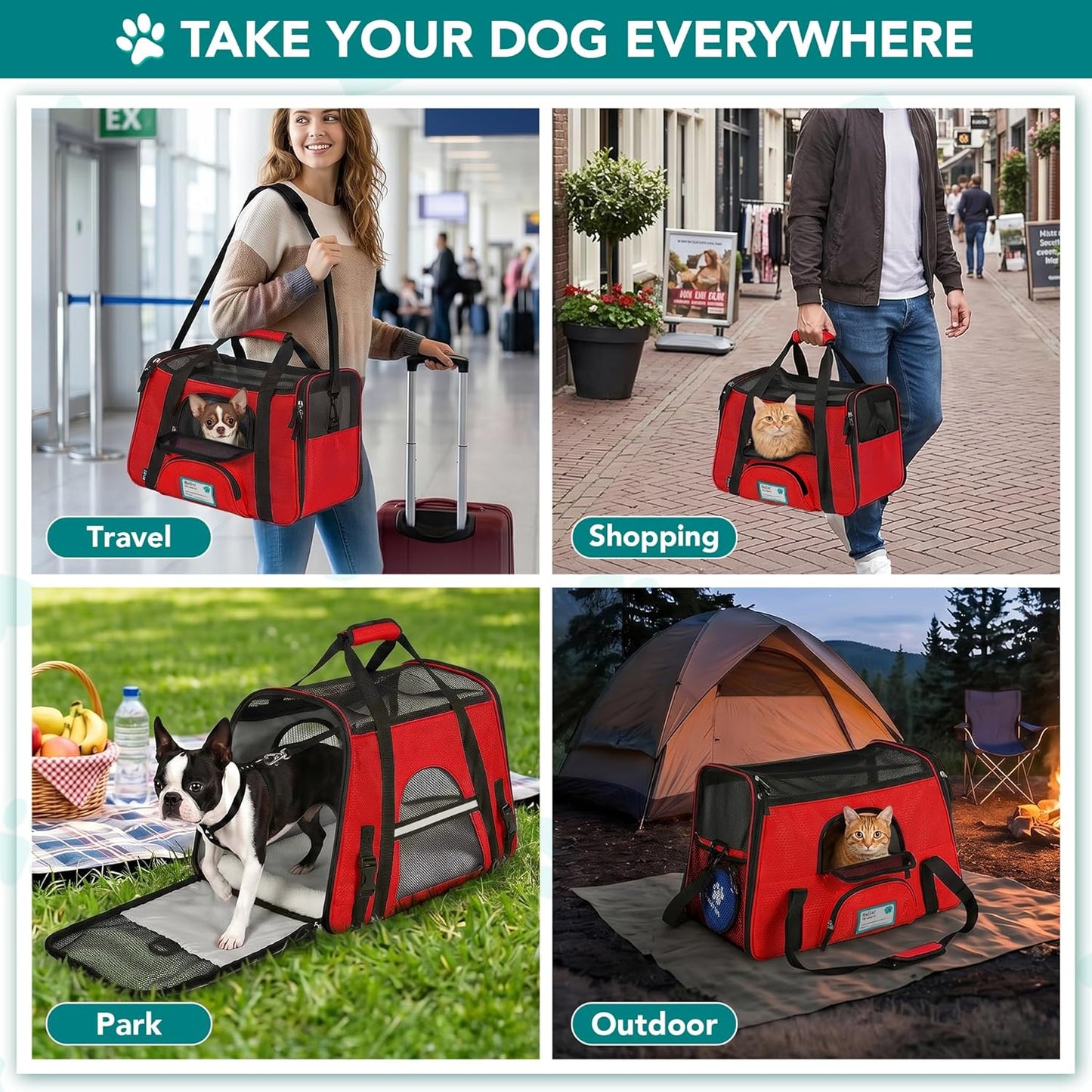 Premium Airline Approved Pet Carrier for Cats & Small Dogs - Soft Sided TSA Travel Bag with Sherpa Bed, Breathable Mesh, Collapsible Bowl, Fits Under Seat, Up to 18 Lbs - Stylish Red