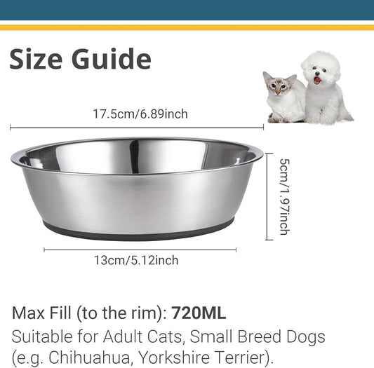 Lightweight Stainless Steel Cat Dog Bowls, 3 US Cup Each, 2-Pack | Nonslip Silicone Bottom, Dishwasher Safe, Easy to Clean, Stackable Design, Wide Design