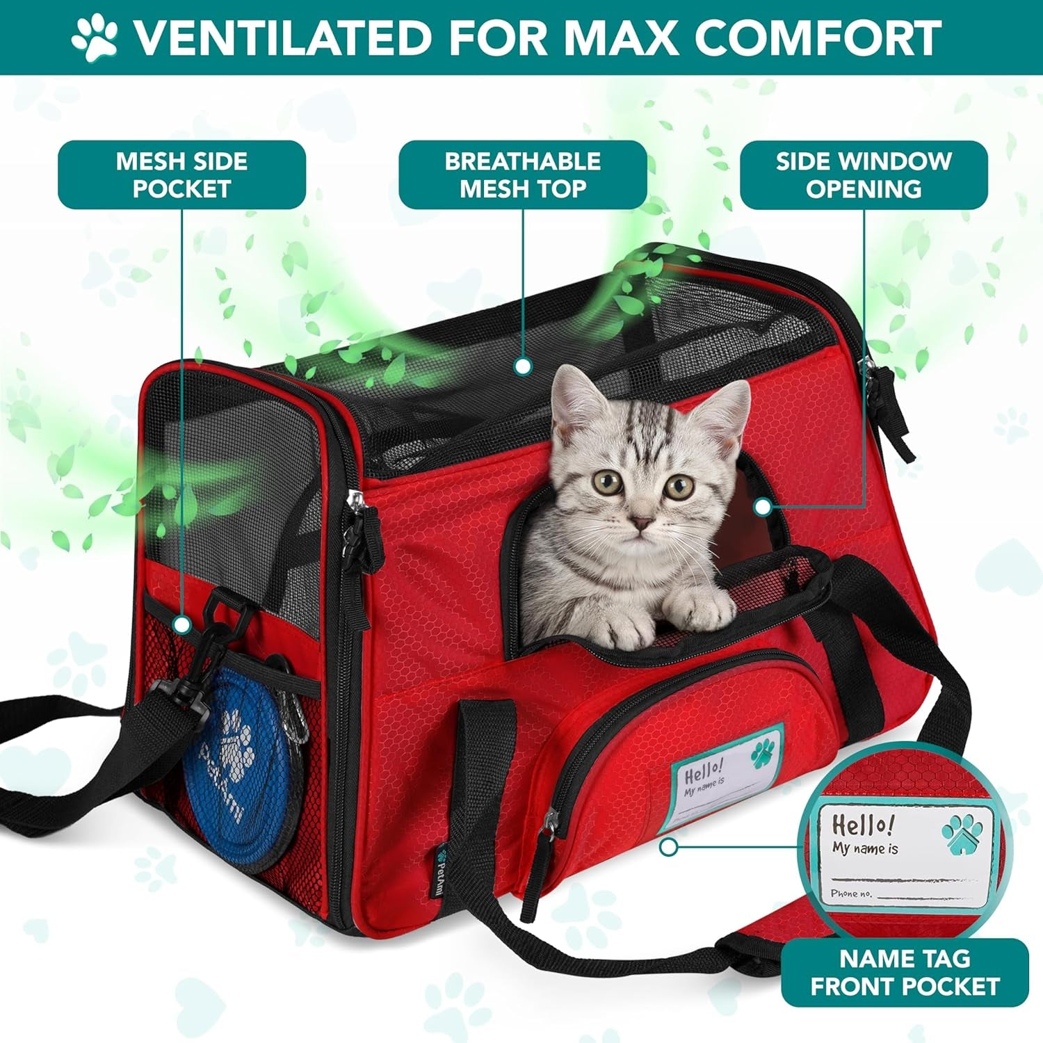 Premium Airline Approved Pet Carrier for Cats & Small Dogs - Soft Sided TSA Travel Bag with Sherpa Bed, Breathable Mesh, Collapsible Bowl, Fits Under Seat, Up to 18 Lbs - Stylish Red