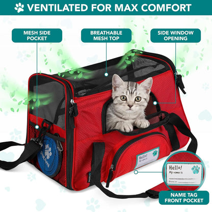 Premium Airline Approved Pet Carrier for Cats & Small Dogs - Soft Sided TSA Travel Bag with Sherpa Bed, Breathable Mesh, Collapsible Bowl, Fits Under Seat, Up to 18 Lbs - Stylish Red
