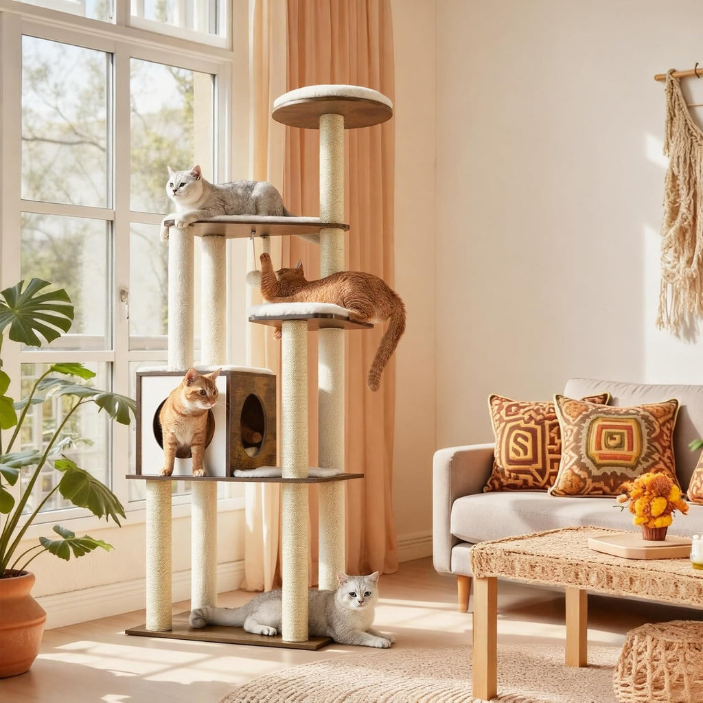 Cat Tree, 64.6-Inch Modern Cat Tower, Multi-Level Condo with 5 Scratching Posts, Perch, Washable Removable Cushions, Cave, Rustic Brown UPCT166X01 | Modern Cat Condo for Indoor Cats, Perch, Washable Removable Cushions, Rustic Brown, CAEN Collection UPCT16