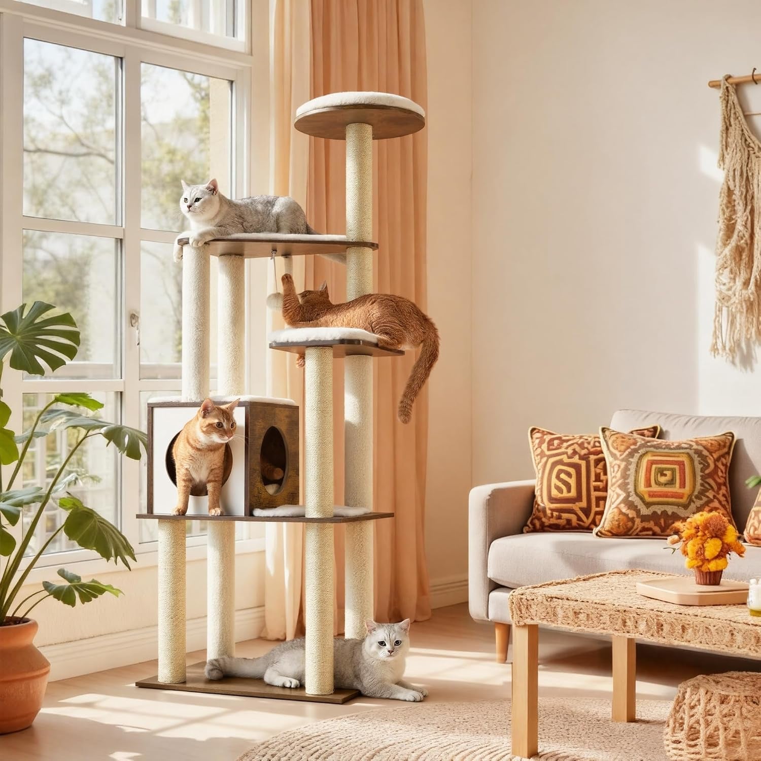 Cat Tree, 64.6-Inch Modern Cat Tower, Multi-Level Condo with 5 Scratching Posts, Perch, Washable Removable Cushions, Cave, Rustic Brown UPCT166X01 | Modern Cat Condo for Indoor Cats, Perch, Washable Removable Cushions, Rustic Brown, CAEN Collection UPCT16