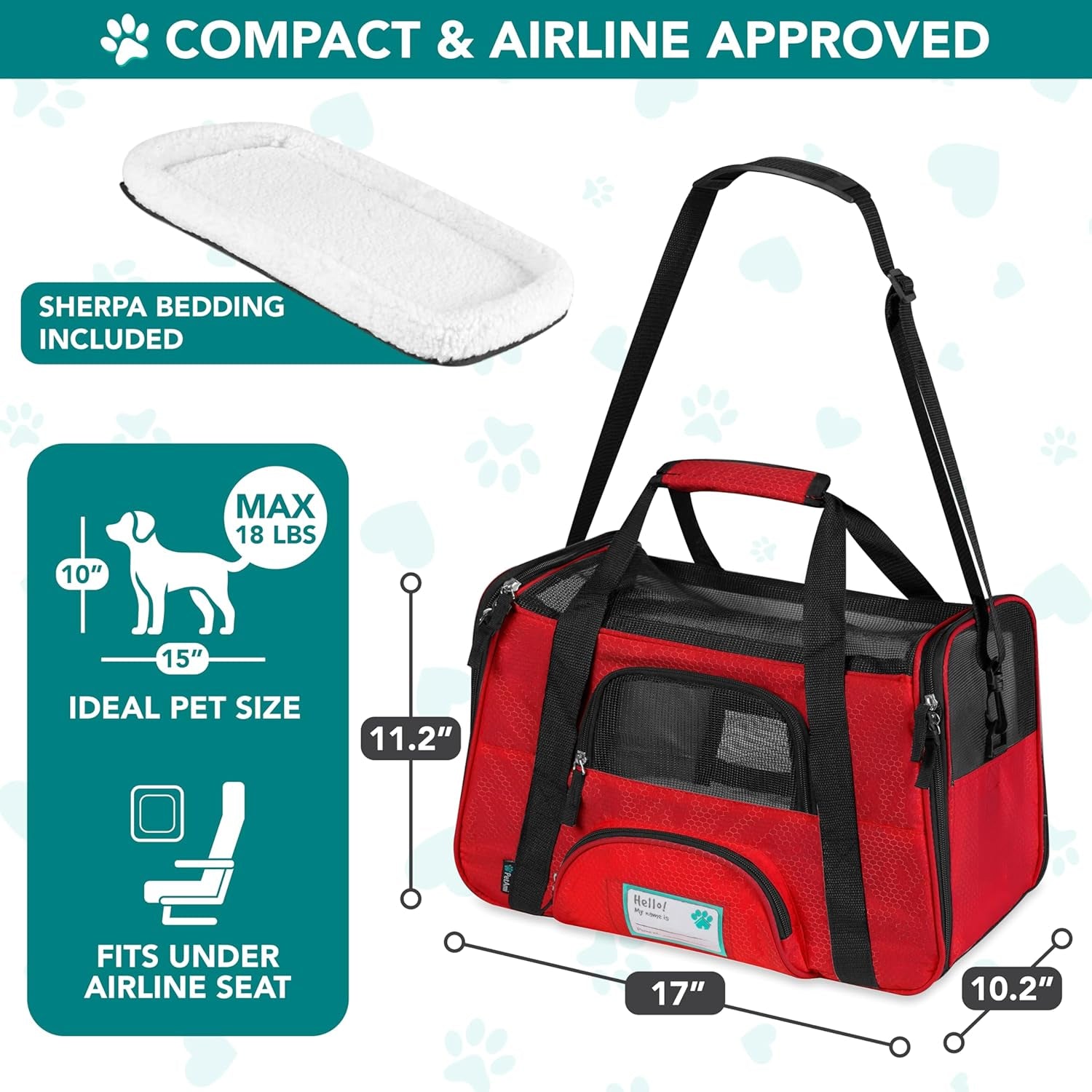 Premium Airline Approved Pet Carrier for Cats & Small Dogs - Soft Sided TSA Travel Bag with Sherpa Bed, Breathable Mesh, Collapsible Bowl, Fits Under Seat, Up to 18 Lbs - Stylish Red