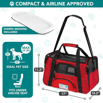 Premium Airline Approved Pet Carrier for Cats & Small Dogs - Soft Sided TSA Travel Bag with Sherpa Bed, Breathable Mesh, Collapsible Bowl, Fits Under Seat, Up to 18 Lbs - Stylish Red