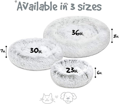 Donut Dog Bed Faux Fur Fluffy Calming Sofa for Small Dogs, Soft & Plush anti Anxiety Pet Couch for Dogs, Machine Washable Coco Pet Bed with Non-Slip Bottom, 23"X23"X6" Ivory