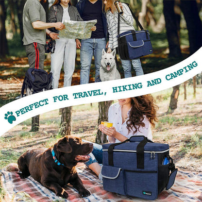 Dog Travel Bag Organizer, Pet Supplies Diaper Tote, Navy Blue Medium | Pet Travel Kit with 2 Food Containers & 2 Collapsible Dog Bowls, Luggage Sleeve, Weekend Getaway Road Trip Camping Essentials
