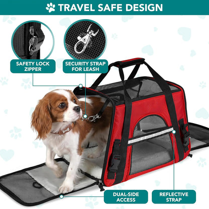 Premium Airline Approved Pet Carrier for Cats & Small Dogs - Soft Sided TSA Travel Bag with Sherpa Bed, Breathable Mesh, Collapsible Bowl, Fits Under Seat, Up to 18 Lbs - Stylish Red