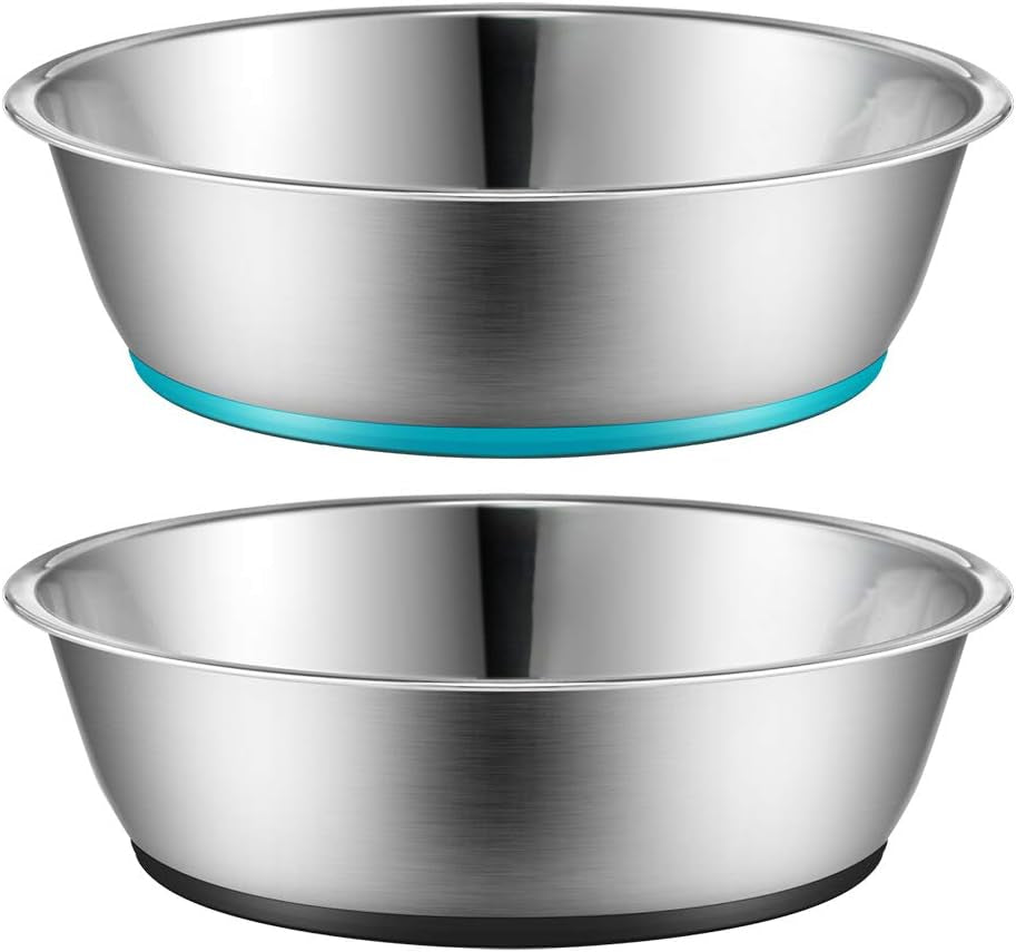 Lightweight Stainless Steel Cat Dog Bowls, 3 US Cup Each, 2-Pack | Nonslip Silicone Bottom, Dishwasher Safe, Easy to Clean, Stackable Design, Wide Design