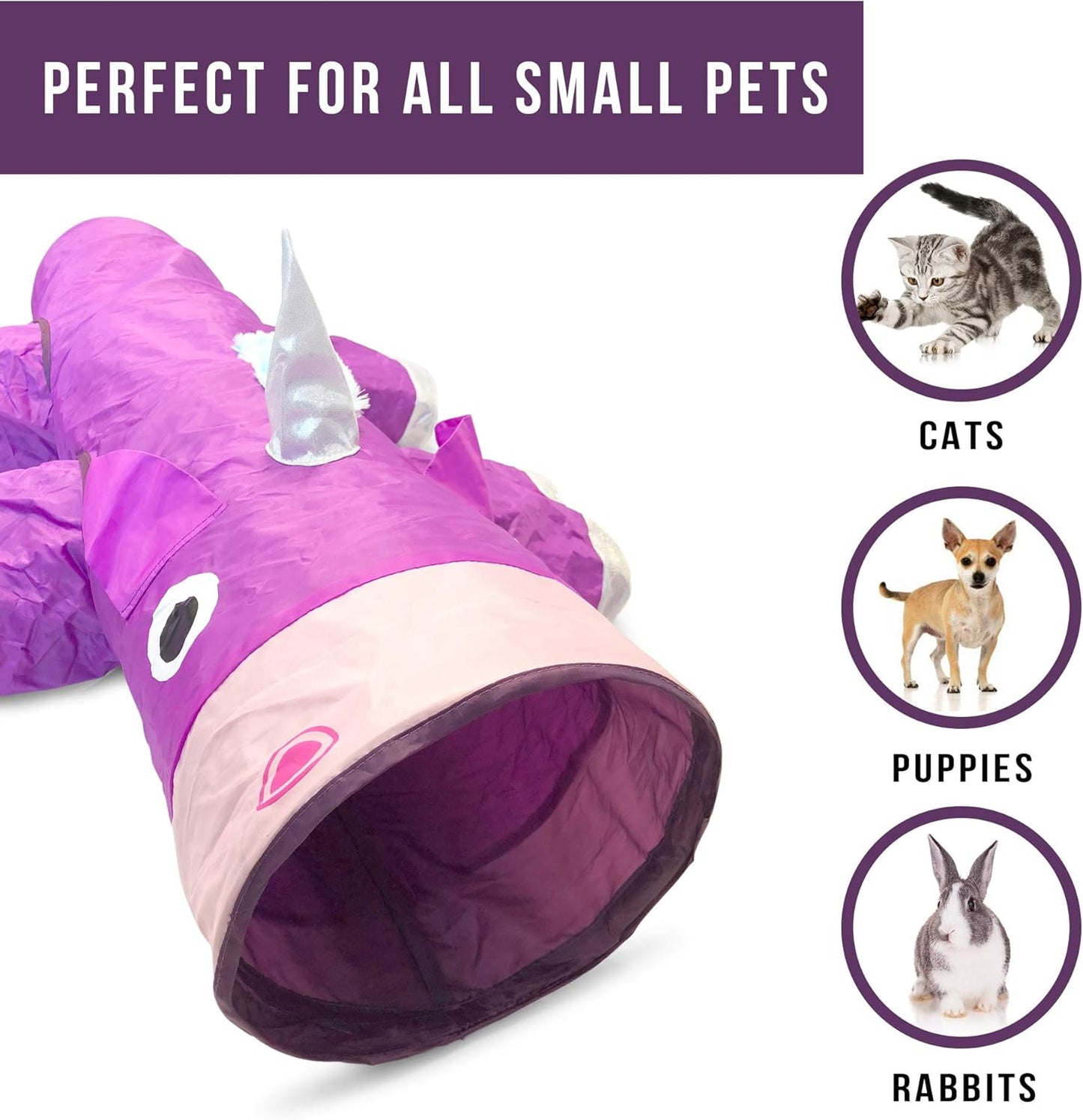 Magic Mewnicorn Multi Cat Tunnel Toy | Crinkle Toy with Feather String for Hiding, Hunting and Resting, Boredom Relief for Cats, Dogs, Rabbits and Guinea Pigs