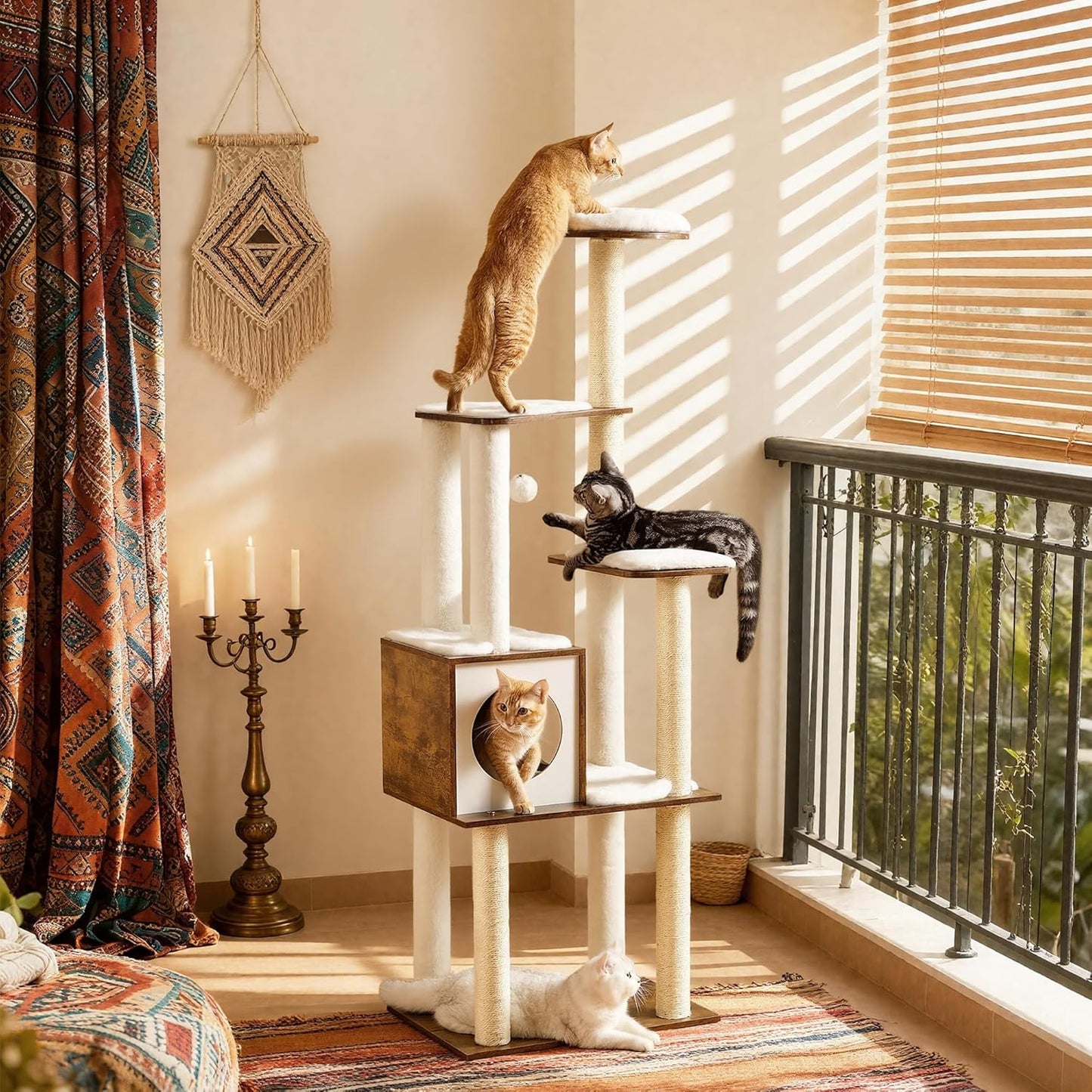 Cat Tree, 64.6-Inch Modern Cat Tower, Multi-Level Condo with 5 Scratching Posts, Perch, Washable Removable Cushions, Cave, Rustic Brown UPCT166X01 | Modern Cat Condo for Indoor Cats, Perch, Washable Removable Cushions, Rustic Brown, CAEN Collection UPCT16