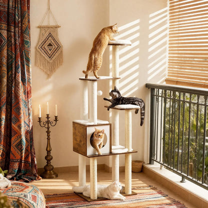 Cat Tree, 64.6-Inch Modern Cat Tower, Multi-Level Condo with 5 Scratching Posts, Perch, Washable Removable Cushions, Cave, Rustic Brown UPCT166X01 | Modern Cat Condo for Indoor Cats, Perch, Washable Removable Cushions, Rustic Brown, CAEN Collection UPCT16