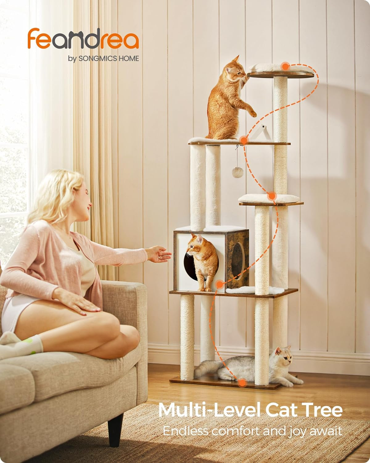Cat Tree, 64.6-Inch Modern Cat Tower, Multi-Level Condo with 5 Scratching Posts, Perch, Washable Removable Cushions, Cave, Rustic Brown UPCT166X01 | Modern Cat Condo for Indoor Cats, Perch, Washable Removable Cushions, Rustic Brown, CAEN Collection UPCT16