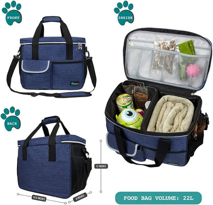 Dog Travel Bag Organizer, Pet Supplies Diaper Tote, Navy Blue Medium | Pet Travel Kit with 2 Food Containers & 2 Collapsible Dog Bowls, Luggage Sleeve, Weekend Getaway Road Trip Camping Essentials