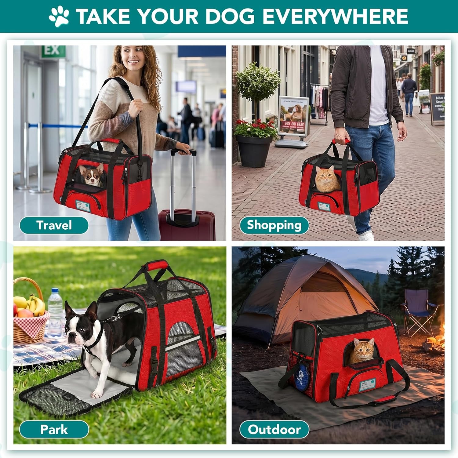 Premium Airline Approved Pet Carrier for Cats & Small Dogs - Soft Sided TSA Travel Bag with Sherpa Bed, Breathable Mesh, Collapsible Bowl, Fits Under Seat, Up to 18 Lbs - Stylish Red