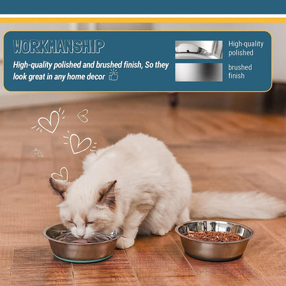 Lightweight Stainless Steel Cat Dog Bowls, 3 US Cup Each, 2-Pack | Nonslip Silicone Bottom, Dishwasher Safe, Easy to Clean, Stackable Design, Wide Design