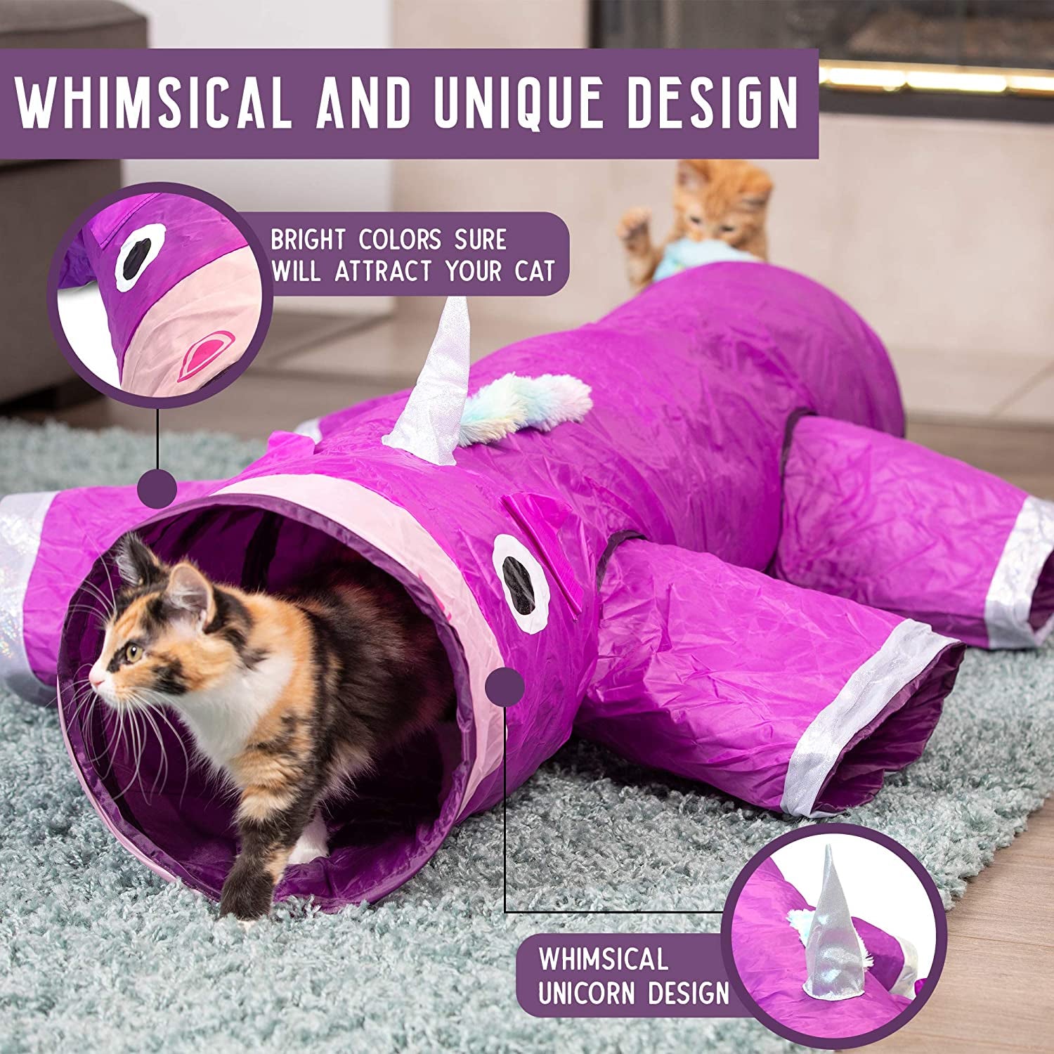 Magic Mewnicorn Multi Cat Tunnel Toy | Crinkle Toy with Feather String for Hiding, Hunting and Resting, Boredom Relief for Cats, Dogs, Rabbits and Guinea Pigs