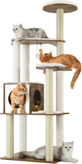Cat Tree, 64.6-Inch Modern Cat Tower, Multi-Level Condo with 5 Scratching Posts, Perch, Washable Removable Cushions, Cave, Rustic Brown UPCT166X01 | Modern Cat Condo for Indoor Cats, Perch, Washable Removable Cushions, Rustic Brown, CAEN Collection UPCT16