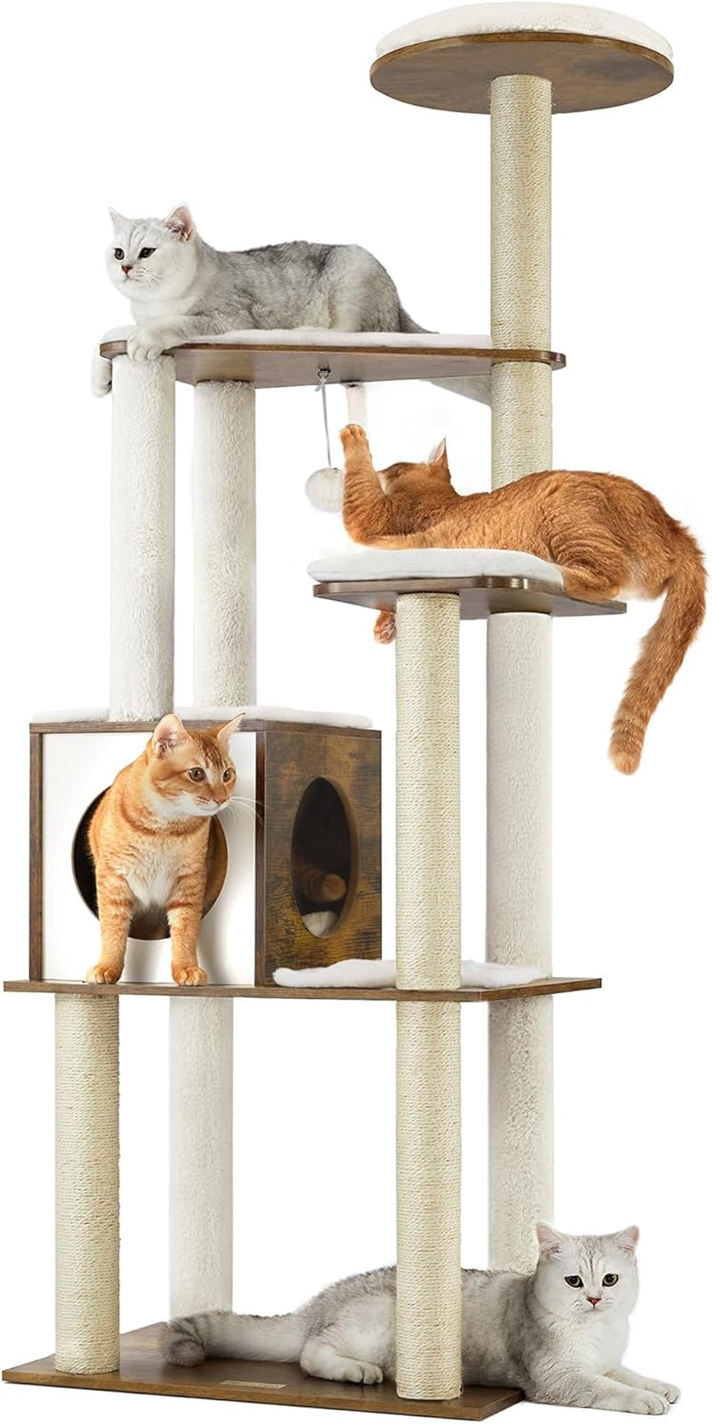 Cat Tree, 64.6-Inch Modern Cat Tower, Multi-Level Condo with 5 Scratching Posts, Perch, Washable Removable Cushions, Cave, Rustic Brown UPCT166X01 | Modern Cat Condo for Indoor Cats, Perch, Washable Removable Cushions, Rustic Brown, CAEN Collection UPCT16