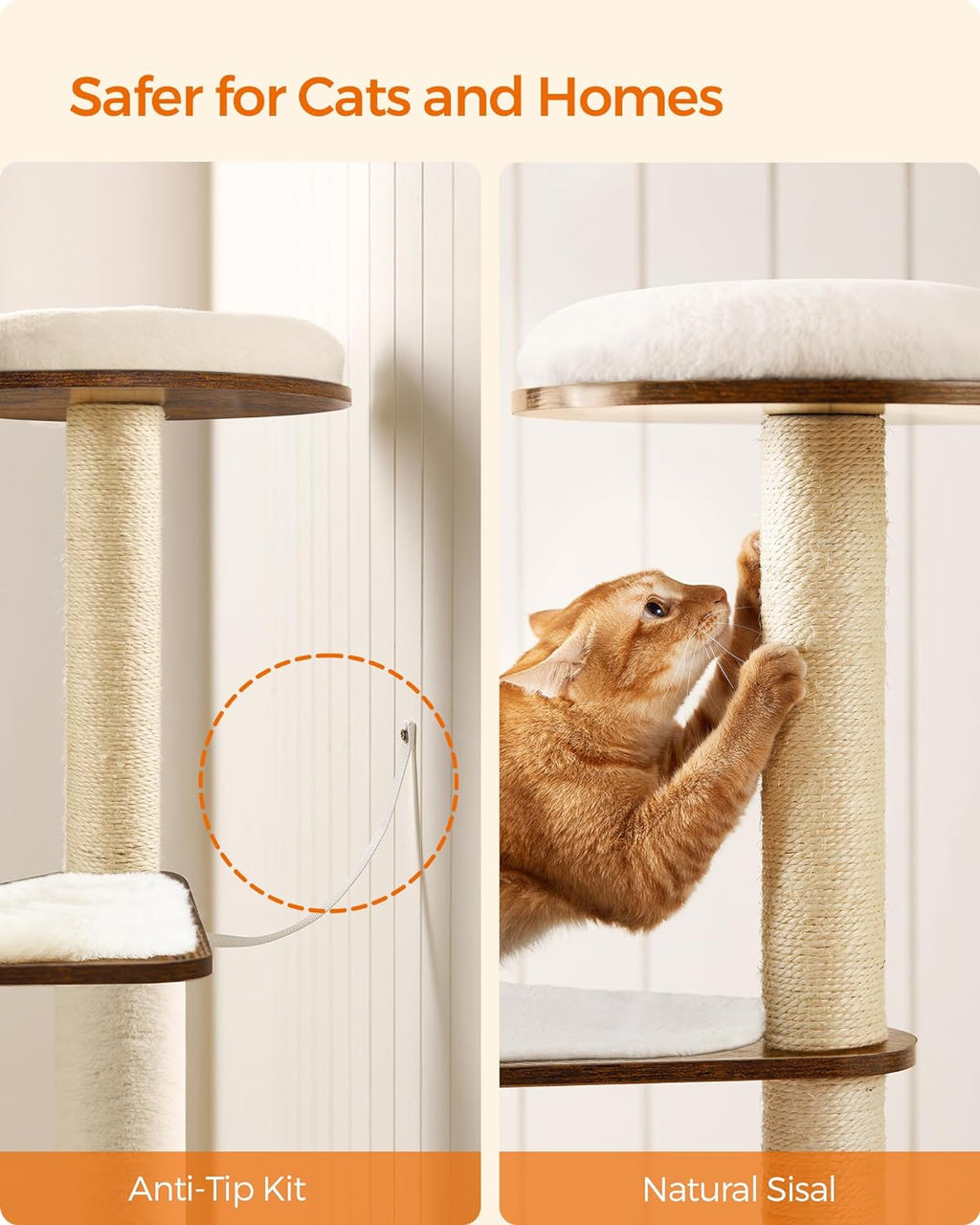 Cat Tree, 64.6-Inch Modern Cat Tower, Multi-Level Condo with 5 Scratching Posts, Perch, Washable Removable Cushions, Cave, Rustic Brown UPCT166X01 | Modern Cat Condo for Indoor Cats, Perch, Washable Removable Cushions, Rustic Brown, CAEN Collection UPCT16