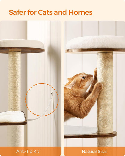 Cat Tree, 64.6-Inch Modern Cat Tower, Multi-Level Condo with 5 Scratching Posts, Perch, Washable Removable Cushions, Cave, Rustic Brown UPCT166X01 | Modern Cat Condo for Indoor Cats, Perch, Washable Removable Cushions, Rustic Brown, CAEN Collection UPCT16