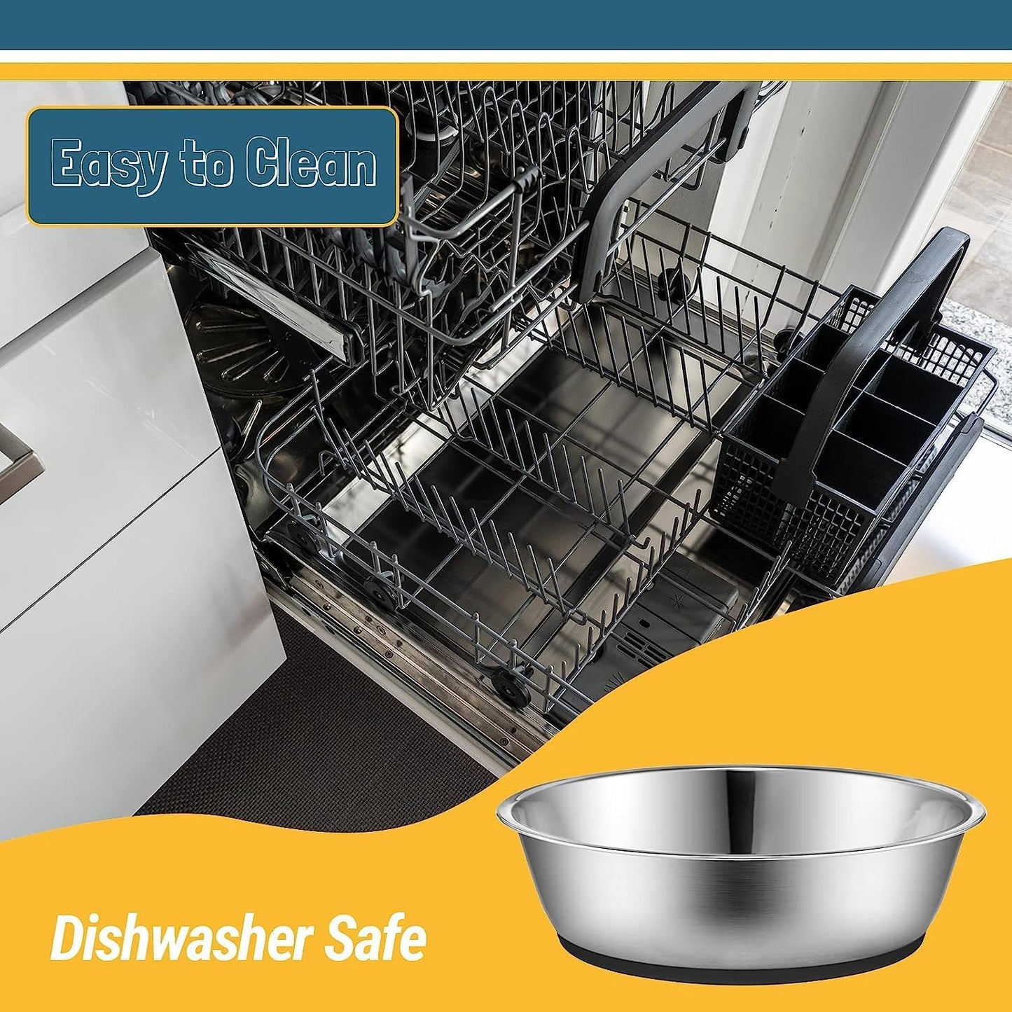 Lightweight Stainless Steel Cat Dog Bowls, 3 US Cup Each, 2-Pack | Nonslip Silicone Bottom, Dishwasher Safe, Easy to Clean, Stackable Design, Wide Design