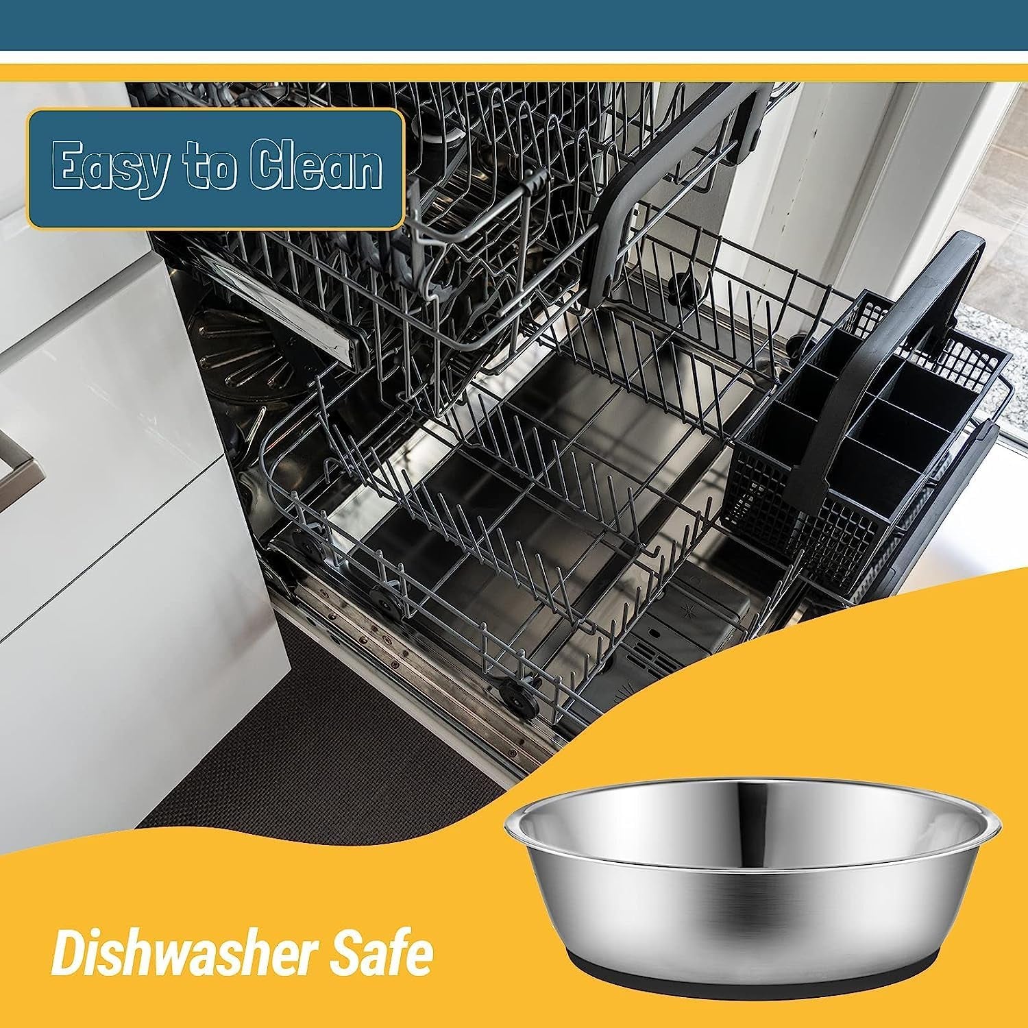 Lightweight Stainless Steel Cat Dog Bowls, 3 US Cup Each, 2-Pack | Nonslip Silicone Bottom, Dishwasher Safe, Easy to Clean, Stackable Design, Wide Design