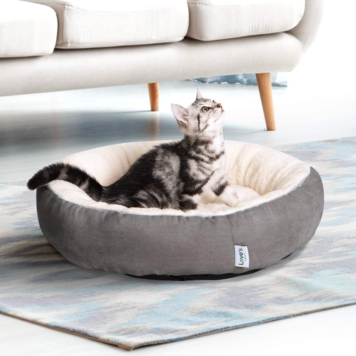 Cozy Round Donut Pet Bed for Cats & Small Dogs - 20" Anti-Slip, Water-Resistant, Super Soft & Washable Luxury Cushion in Gray