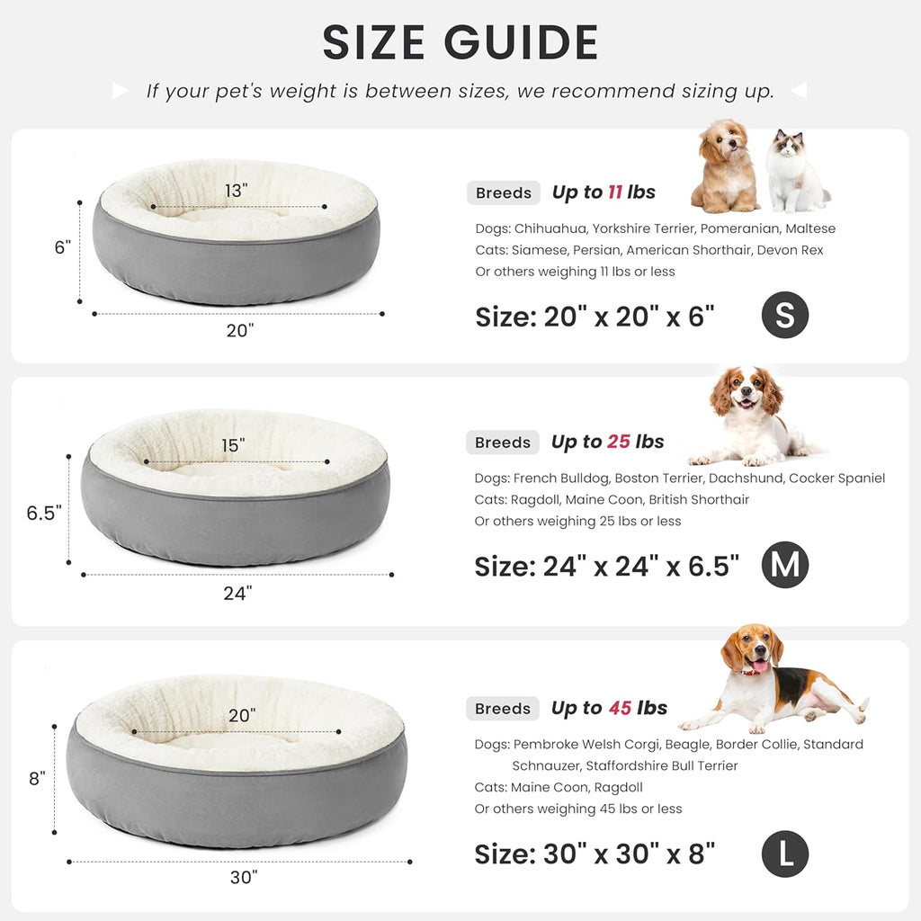 Cozy Round Donut Pet Bed for Cats & Small Dogs - 20" Anti-Slip, Water-Resistant, Super Soft & Washable Luxury Cushion in Gray