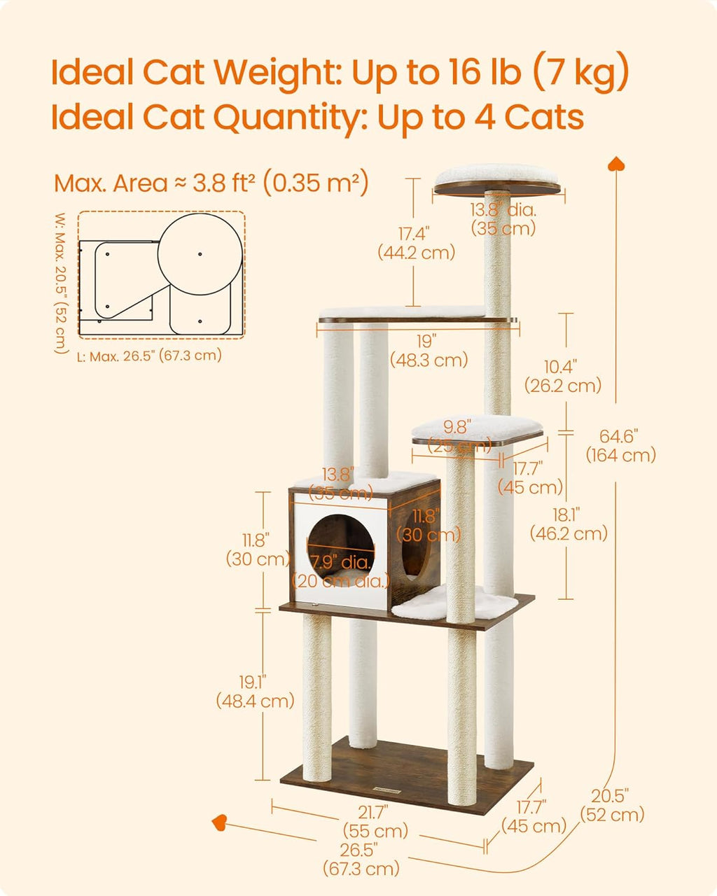 Cat Tree, 64.6-Inch Modern Cat Tower, Multi-Level Condo with 5 Scratching Posts, Perch, Washable Removable Cushions, Cave, Rustic Brown UPCT166X01 | Modern Cat Condo for Indoor Cats, Perch, Washable Removable Cushions, Rustic Brown, CAEN Collection UPCT16