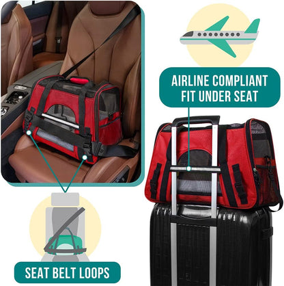 Premium Airline Approved Pet Carrier for Cats & Small Dogs - Soft Sided TSA Travel Bag with Sherpa Bed, Breathable Mesh, Collapsible Bowl, Fits Under Seat, Up to 18 Lbs - Stylish Red