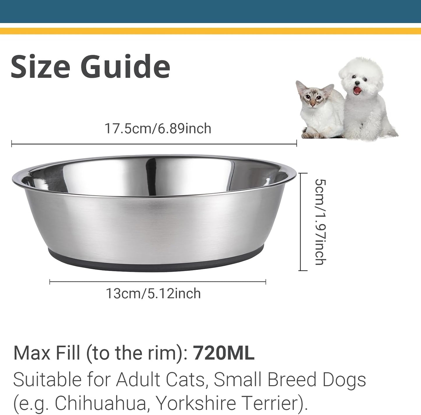 Lightweight Stainless Steel Cat Dog Bowls, 3 US Cup Each, 2-Pack | Nonslip Silicone Bottom, Dishwasher Safe, Easy to Clean, Stackable Design, Wide Design