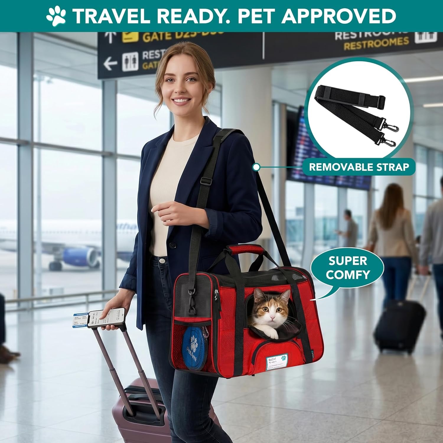 Premium Airline Approved Pet Carrier for Cats & Small Dogs - Soft Sided TSA Travel Bag with Sherpa Bed, Breathable Mesh, Collapsible Bowl, Fits Under Seat, Up to 18 Lbs - Stylish Red