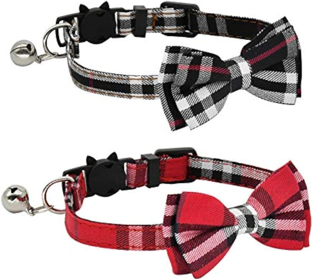 Adorable 2-Pack Breakaway Cat Collars with Bow Ties and Bells - Adjustable for Kittens and Small Puppies (Black & Red)