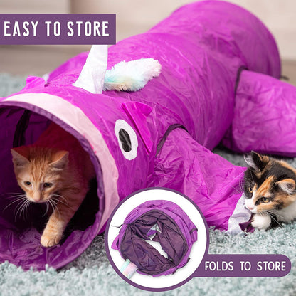 Magic Mewnicorn Multi Cat Tunnel Toy | Crinkle Toy with Feather String for Hiding, Hunting and Resting, Boredom Relief for Cats, Dogs, Rabbits and Guinea Pigs