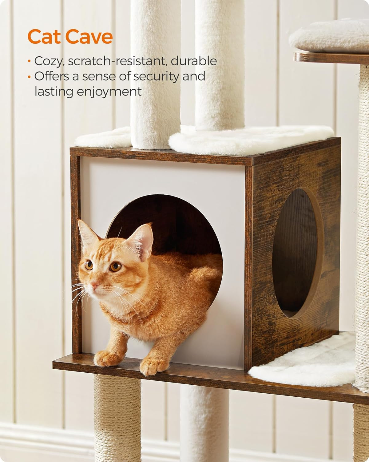 Cat Tree, 64.6-Inch Modern Cat Tower, Multi-Level Condo with 5 Scratching Posts, Perch, Washable Removable Cushions, Cave, Rustic Brown UPCT166X01 | Modern Cat Condo for Indoor Cats, Perch, Washable Removable Cushions, Rustic Brown, CAEN Collection UPCT16