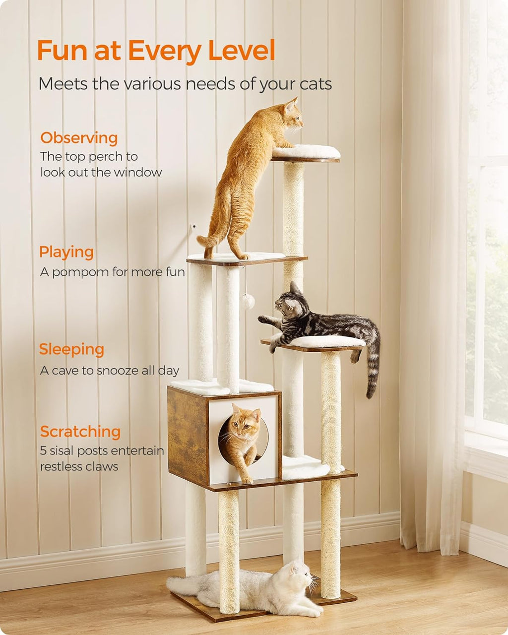 Cat Tree, 64.6-Inch Modern Cat Tower, Multi-Level Condo with 5 Scratching Posts, Perch, Washable Removable Cushions, Cave, Rustic Brown UPCT166X01 | Modern Cat Condo for Indoor Cats, Perch, Washable Removable Cushions, Rustic Brown, CAEN Collection UPCT16