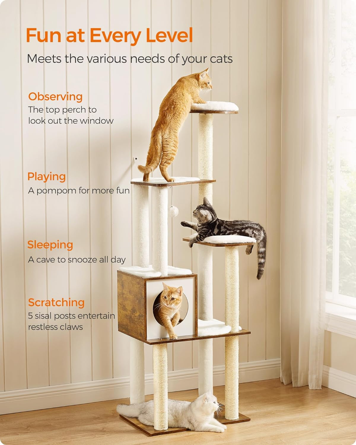 Cat Tree, 64.6-Inch Modern Cat Tower, Multi-Level Condo with 5 Scratching Posts, Perch, Washable Removable Cushions, Cave, Rustic Brown UPCT166X01 | Modern Cat Condo for Indoor Cats, Perch, Washable Removable Cushions, Rustic Brown, CAEN Collection UPCT16
