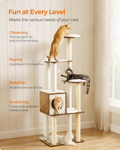Cat Tree, 64.6-Inch Modern Cat Tower, Multi-Level Condo with 5 Scratching Posts, Perch, Washable Removable Cushions, Cave, Rustic Brown UPCT166X01 | Modern Cat Condo for Indoor Cats, Perch, Washable Removable Cushions, Rustic Brown, CAEN Collection UPCT16