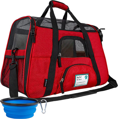 Premium Airline Approved Pet Carrier for Cats & Small Dogs - Soft Sided TSA Travel Bag with Sherpa Bed, Breathable Mesh, Collapsible Bowl, Fits Under Seat, Up to 18 Lbs - Stylish Red